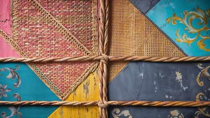 Wall Mural - Colorful woven pattern background with natural textures and rope accents.