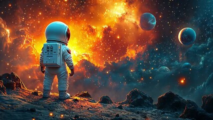 Poster - Astronaut gazing at colorful cosmic scenery filled with planets in deep space during exploration