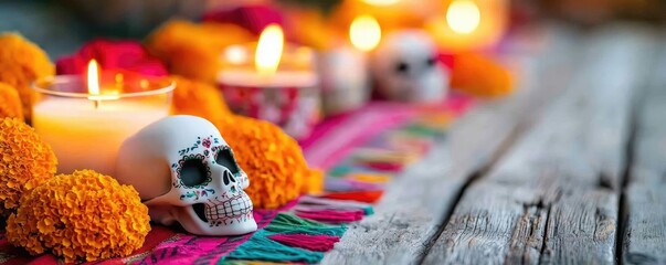 Colorful altar display featuring marigold flowers, candles, and a decorative skull for a vibrant cultural celebration.