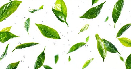 Poster - A green leaf flies in the air against a white background.