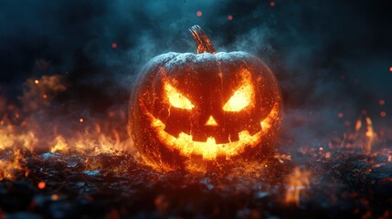 Poster - glowing jack o lantern in smoky fantasy night stock image