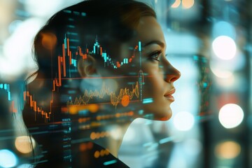 Businesswoman overlayed with stock market chart in a double exposure effect