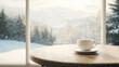 © Danielle - A white cup of coffee on a round wooden table in front of a bright window with a winter landscape view