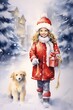 © May - Girl with a dog on the background of a snow-covered Christmas tree, Watercolor Christmas illustration, clipart. Decoration for holiday cards.