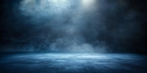 Poster - It is a dark empty street, dark blue background, an empty dark scene, neon light, spotlights, asphalt floor and studio room with smoke floating upward.