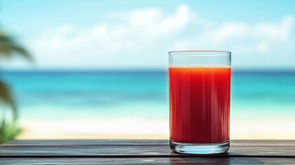 Fresh tropical juice with a blurred beach in the background