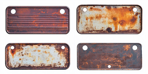 Poster - Four blank rusty metal plates showing corrosion and damage isolated on white background