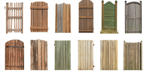 Poster - Set of different old wooden gates standing in a row isolated on white background
