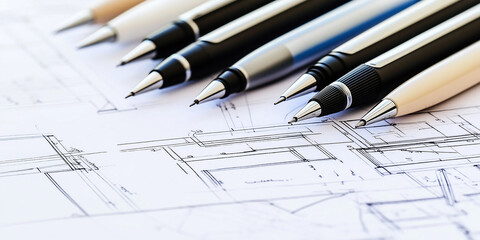 Aufkleber - Mechanical pencils pointing at technical drawing of house plans