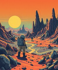 Surreal Volcanic Sunset Hiker, Helmet & Backpack