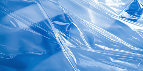 Poster - Transparent plastic film wrinkled on a blue background