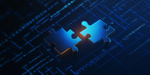 Poster - Two puzzle pieces connecting over digital circuit board