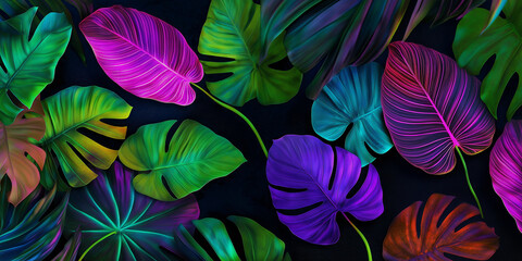 Poster - Colorful neon monstera leaves forming a tropical jungle pattern