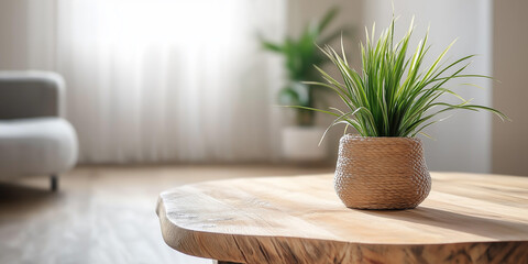 Poster - Green plant resting on wooden coffee table in minimalist living room