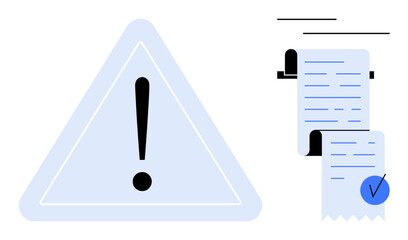 A warning triangle with an exclamation mark beside two checkmarked documents. Ideal for safety warnings, documentation processes, compliance checks, risk management, and administrative tasks. Modern