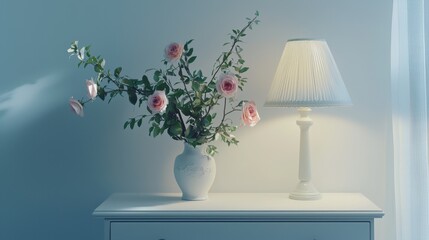 Leinwandbilder - On a white background, pink and white peonies flower arrangement with modern lamp in a vase, backdrop for a product display presentation.