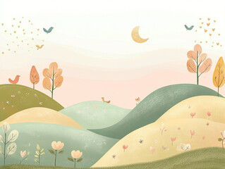 A whimsical cartoon landscape with rolling hills, trees, and animals in pastel colors. 
