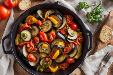 A serving of french ratatouille a vegetable medley of eggplant zucchini tomatoes and bell pepper, Ai Generated