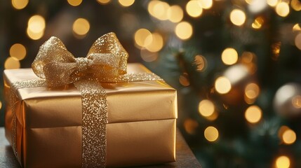 Poster - Christmas gift box on table with blur Christmas tree and golden bokeh light background