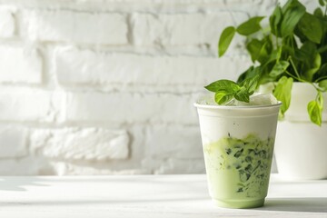 Iced matcha latte in disposable cup with fresh leaf and plant in background