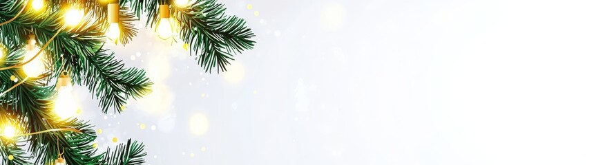 Poster - Christmas border with coniferous branches and garlands of christmas lights on transparent background