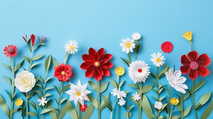 Poster - Colorful Paper Flowers on Blue Background