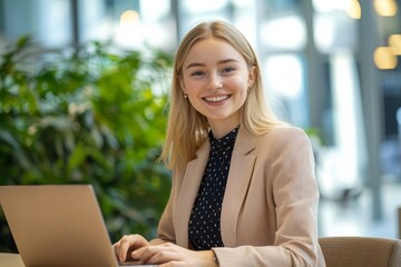 Poster - Portrait of a young woman using a laptop at a cafe or a coworking space