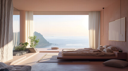 Interior design or real estate concept image. Minimalist bedroom view at daytime