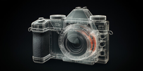 Poster - Wireframe model of a professional camera floating on a black background