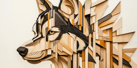 Aufkleber - Wolf head sculpture made of wood being assembled on white background