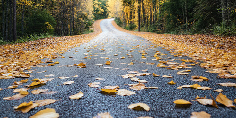 Poster - Wet asphalt country road winding through forest covered with fallen leaves in autumn