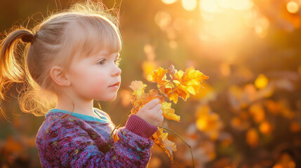 Poster - Little girl holding autumn leaves enjoying warm sunlight in a park