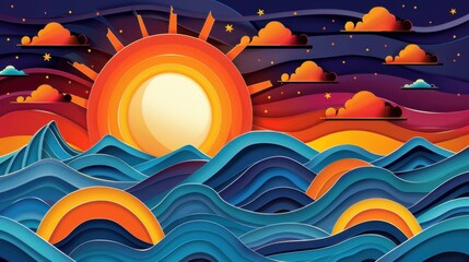 Sticker - Vibrant Sunset Over Stylized Waves and Clouds