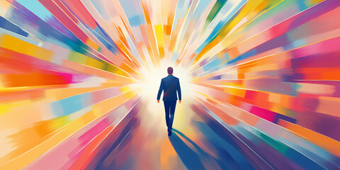 Poster - Businessman walking on road with colorful light beams