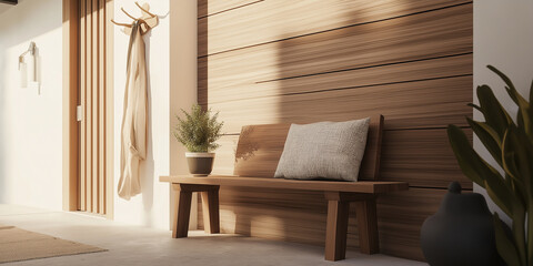 Poster - Modern and minimalist entryway with wooden bench and green plants welcoming guest