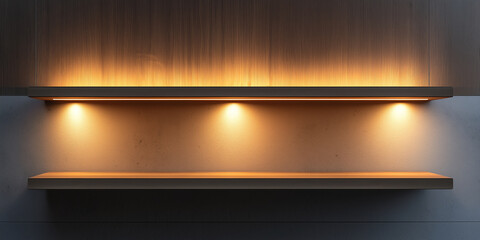 Poster - Empty illuminated wooden shelves on concrete wall displaying products