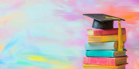 Poster - Graduation cap sitting on stack of books with copy space