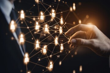 Aufkleber - Management of human resources concept. Businessman touching manager icon with connection link network for organization structure. Recruitment of candidates and staffing.