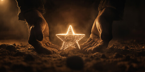 Poster - Farmer holding shining star in hands at night over soil