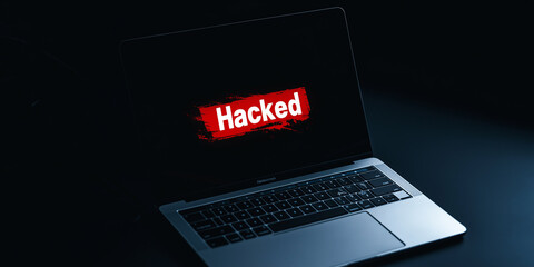 Poster - Laptop screen showing hacked message in red on black background