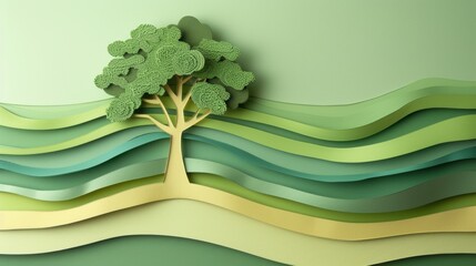 Wall Mural - Green Paper Cutout Tree with Layered Background