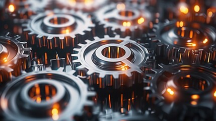 Poster - Gear Mechanism with Glowing Elements in Metal Design