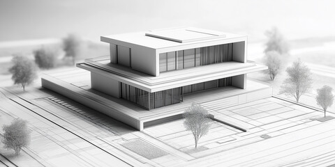 Aufkleber - Modern minimalist white house model standing out from architectural plans