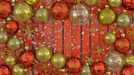 Red and gold Christmas ornaments on a rustic red wood background with a snowy effect.