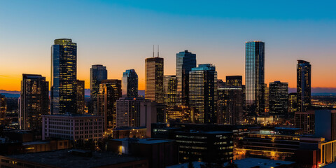  Denver colorado skyline glowing at dusk with vibrant orange and blue sky