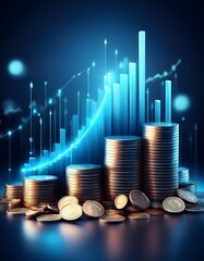 3D coin background with a blue finance graph and investment bar, showcasing growth