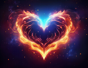 Wall Mural - A Valentine's Day backdrop featuring a fiery heart glowing against a starry, dark cosmic sky.