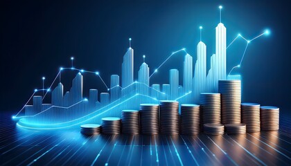 3D coin background with a blue finance graph and investment bar, showcasing growth