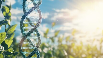 Leinwandbilder - In holographic 3D, a DNA strand can be seen woven through a crop field to symbolize genetic enhancement