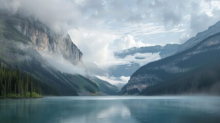 Misty Mountain Landscape with Tranquil Lake